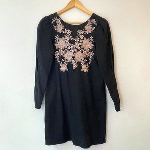 Black Soft Denim Dress with Floral Embroidery - Long Sleeve - V-shaped back cut